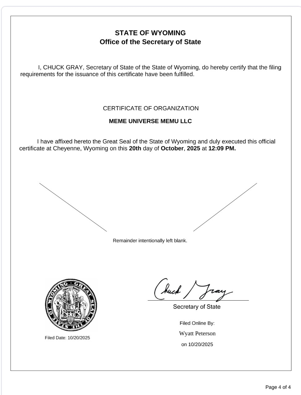 Wyoming Certificate of Organization – Meme Universe MEMU LLC